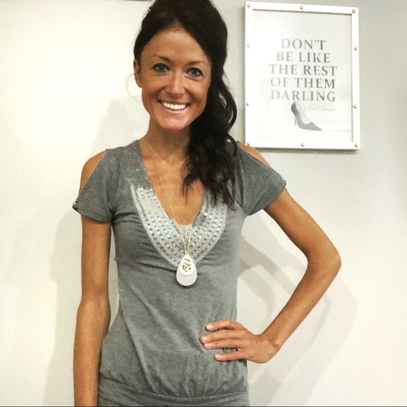 Guess Jeans Beaded Grey Blouse, Cold Shoulder - Picture 1 of 9